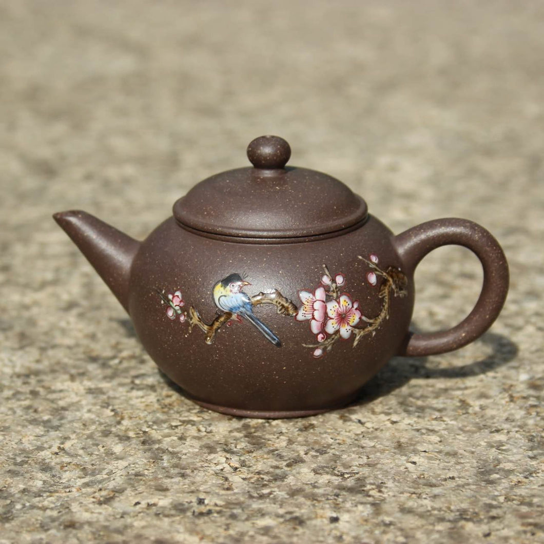 TianQingNi Small Shuiping Yixing Teapot with Diancai Painting, 点彩天青泥小水平壶, 75ml