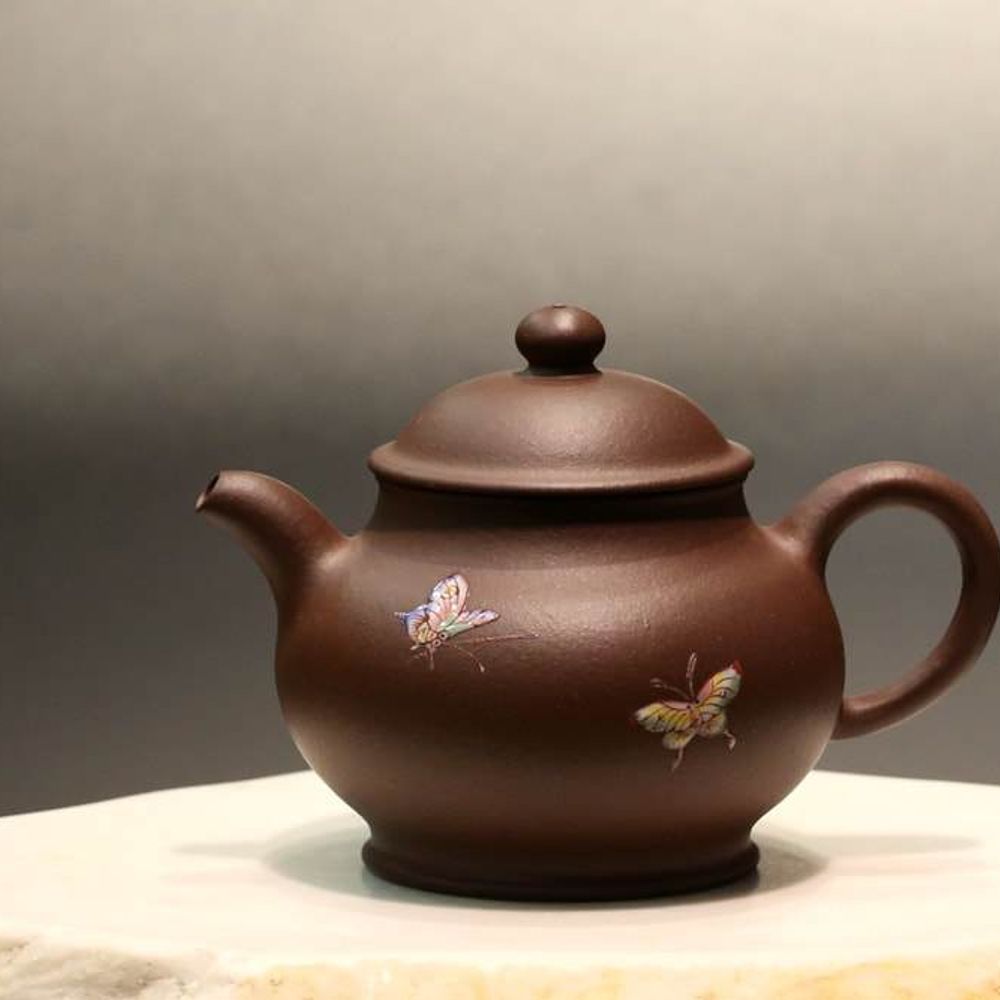 Panhu Zini Yixing Teapot with diancai painting of butterflies, 点彩紫泥潘壶, 120ml