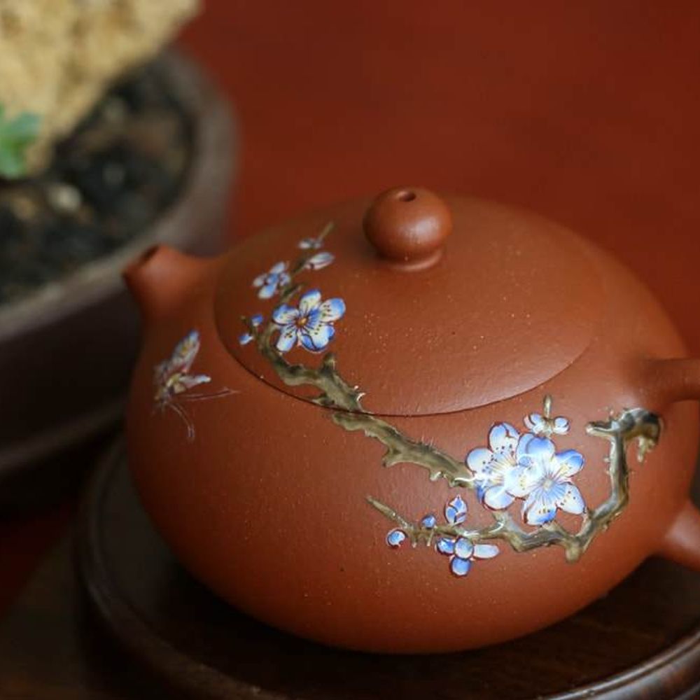 Zhuni Xishi Yixing Teapot with Diancai Flowers, 点彩朱泥西施壶, 120ml