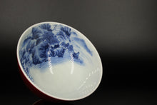 Load image into Gallery viewer, 100ml Jihong Glaze Qinghua Porcelain The World in a Cup, Chicken Heart Teacup 青花霁红国画杯
