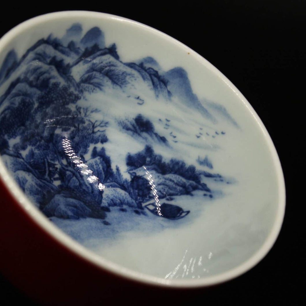 120ml Jihong Glaze Qinghua Porcelain The World in a Cup, Liuhe Teacup 青花霁红国画杯