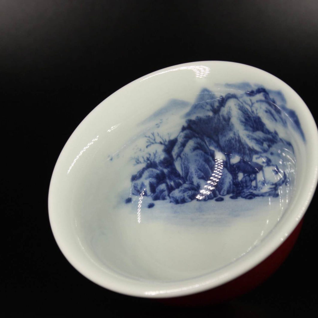 115ml  Jihong Glaze Qinghua Porcelain The World in a Cup, Yashou Teacup 青花霁红国画杯