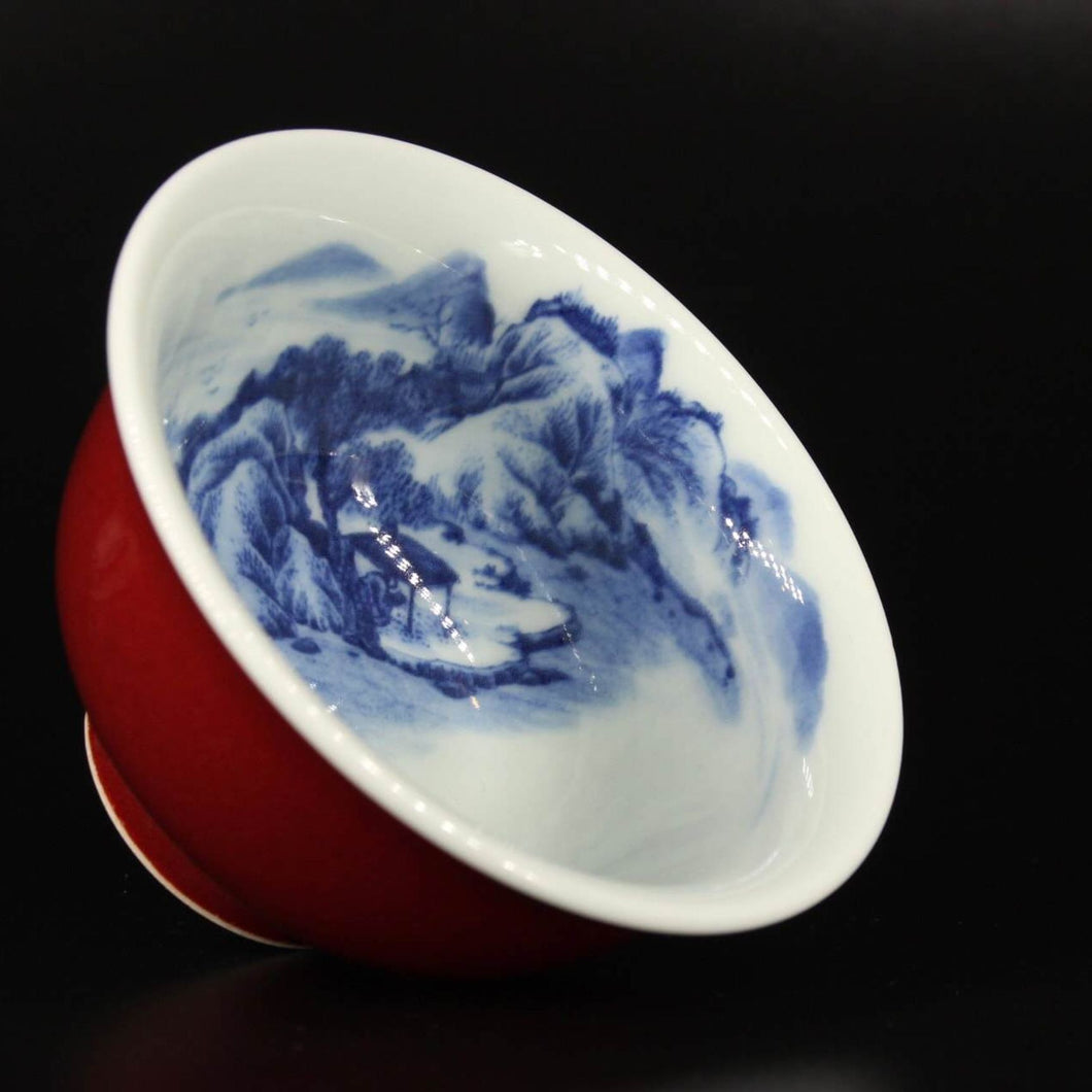 120ml Jihong Glaze Qinghua Porcelain The World in a Cup, Yashou Teacup 青花霁红国画杯