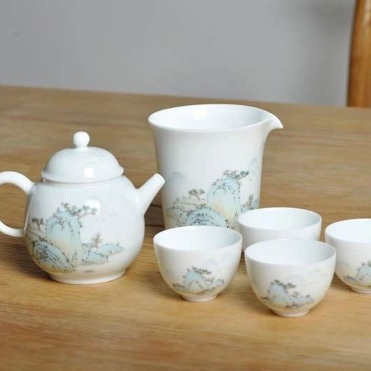 After Rain Youshangcai Painting Fine Porcelain Tea Set, 釉上新彩青绿山水壶组