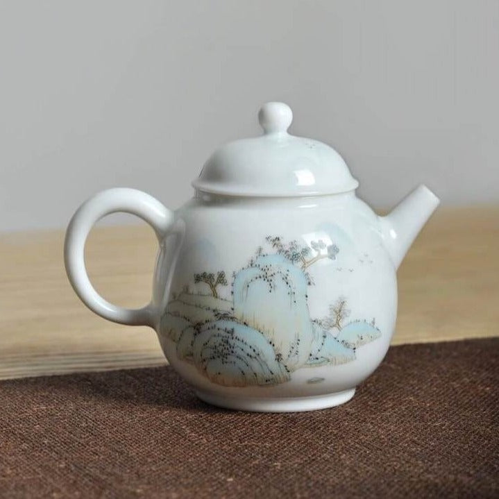 After Rain Youshangcai Painting Fine Porcelain Teapot, 釉上新彩青绿山水壶, 170ml