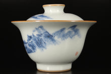 Load image into Gallery viewer, Qinghua Landscape on Moon White Ruyao Gaiwan 青花月白汝窑盖碗
