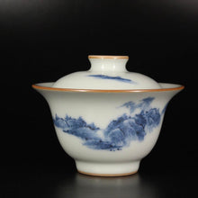 Load image into Gallery viewer, Qinghua Landscape on Moon White Ruyao Gaiwan 青花月白汝窑盖碗
